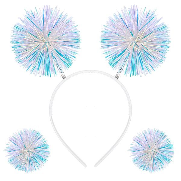 WLLHYF 3 PCS Pom Pom Party Cute Headband White Pink Foil Strips Ball Hairpin Headwear Birthday Stage Props Cosplay Costumes Halloween Accessory for Girls Adults Women Christmas (blue)