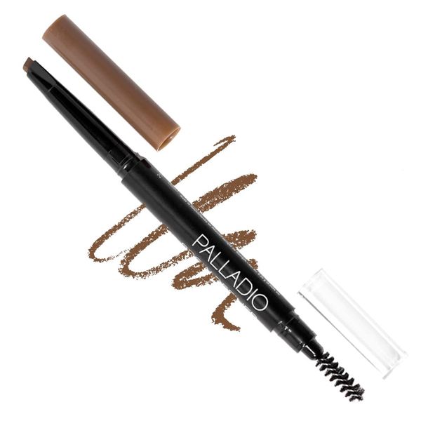 Palladio Brow Definer Retractable Pencil, Triangular Tip Fills Brows for a Natural Look, Tame and Shape Eyebrows with Spoolie Brush, Eyebrow Shaper, Buildable Light to Dark Colors, (Caramel)