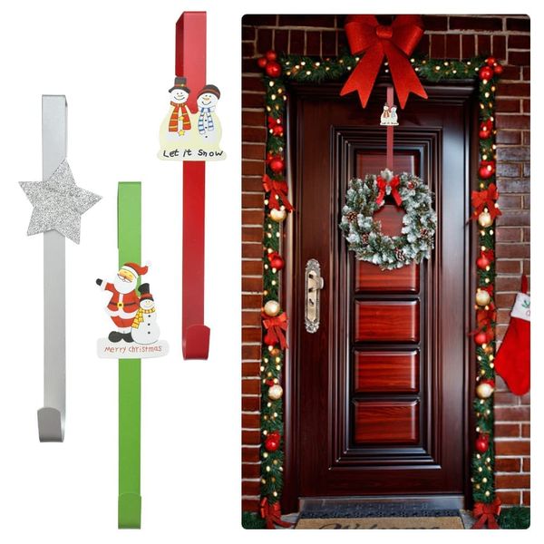 RECHCIGA 3PCS Christmas Wreath Hangers Over The Door Hooks Metal Wreaths Holder with Snowmen,Santa Claus,Star Door Wreath Hook for Front Door Display of Christmas Festival Decorations（29.5cm/11.6"）