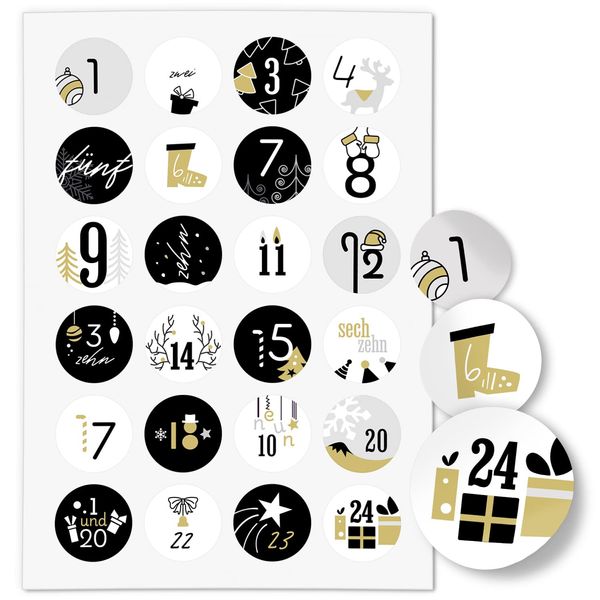 Adventskalender-Zahlen Aufkleber 1 bis 24 / Moderner Mix Schwarz Gelb/Etiketten/Sticker/Weihnachtskalender/Advent/Rund/DIY/zum Aufkleben