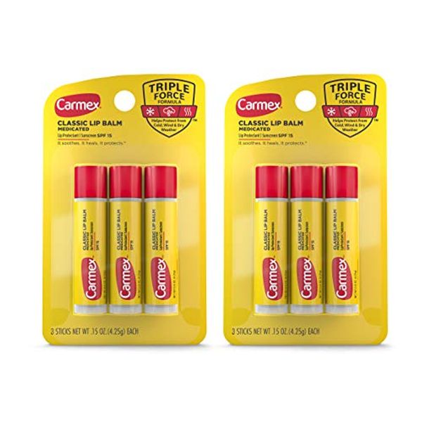 Carmex Medicated Lip Balm Sticks, Lip Moisturizer for Dry, Chapped Lips, 0.15 OZ - 3 Count (2 Pack)