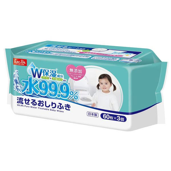 Pure Water Baby Care, 99.9% Pure Water, Flushable to Toilet, Wipes, 60 Sheets x 3 Pieces (180 Pieces), Collagen, Peach Leaf Extract, W Moisturizing Ingredients, Weak Acidity, Made in Japan