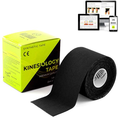 Kalahari 1 x Kinesiology Tape with E-Book Instructions in German - Waterproof, Elastic Kinesiotape for Better Adhesion and Impermeability to Water and Sweat (5 cm x 5 m) Black