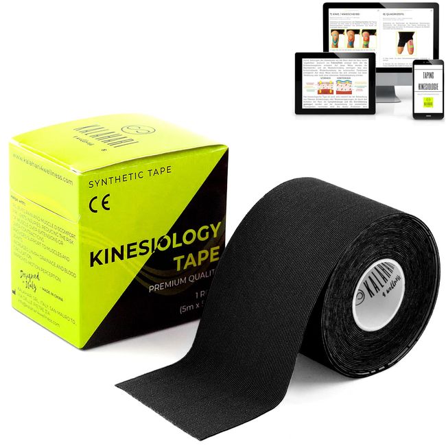 KALAHARI 1 x Kinesiologie Tape mit e-Book Anleitung auf Deutsch – Wasserfestes, Elastisches Kinesiotape für bessere Haftbarkeit und Undurchlässigkeit gegenüber Wasser und Schweiß (5cm x 5m) SCHWARZ