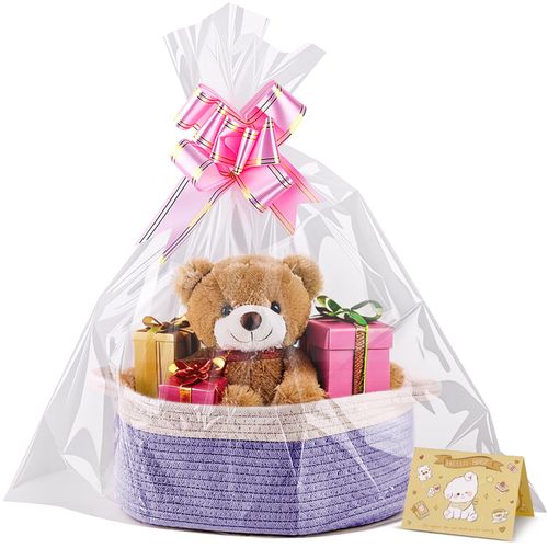 Boensi Small Woven Basket, 12" x 8" x 5" Gift Basket Empty with Ribbon and Gift Bag, Rope Basket for Baby Shower, Holiday Presents,Storage Basket with Handle for Nursery,Pet Toy Basket (White-Purple)