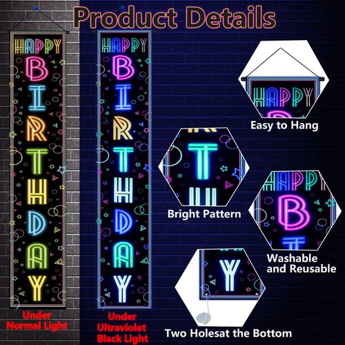 Glow Neon Party Decorations - Glow in The Dark Theme Happy Birthday Door Banner, Let's Glow Crazy Glow Porch Sign, Blacklight Photography Backdrop Decor for Neon Party Supplies