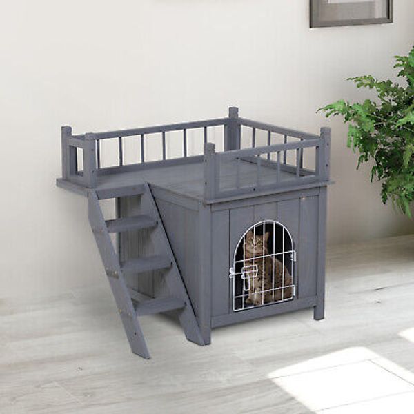 PawHut 2-Story Indoor/Outdoor Wood Cat Dog House Shelter