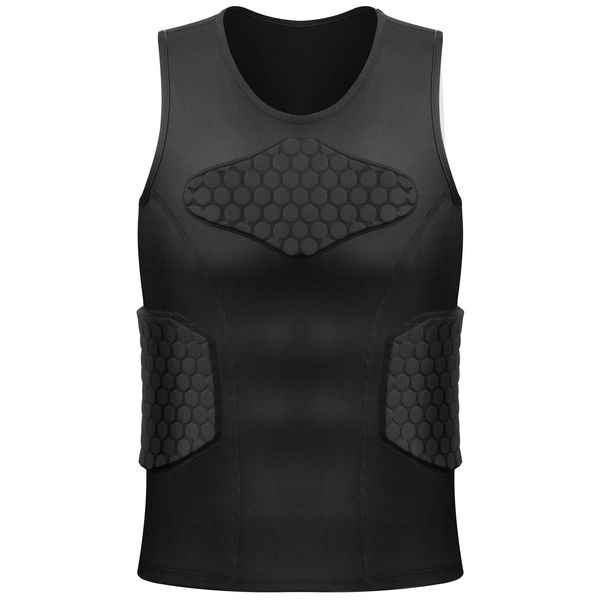 Zicac Men's Sports Shock Rash Guard Compression Padded Shirt Soccer Basketball Protective Gear Chest Rib Guards (Black Sleeveless Shirt, Medium)
