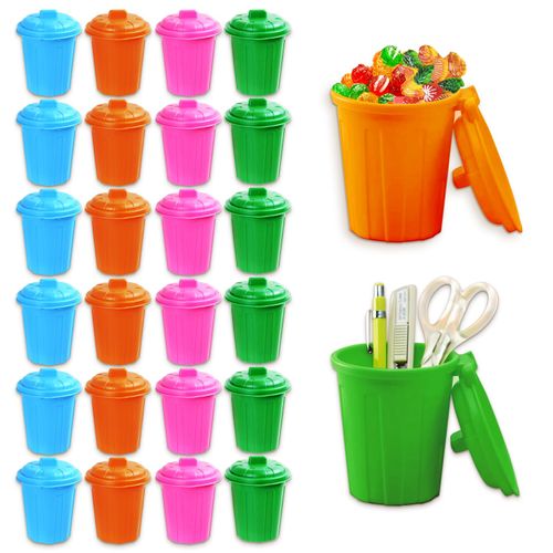 QLFJ-FurDec 24 PCS Mini Trash Can, Cute Miniature Garbage Countertop Can with Lid, Small Pen Holder Desktop Toy Organizer for Home School Classroom Party Favors Birthday Decor (4 Colors)