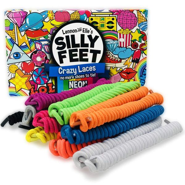 Silly Feet No Tie Shoe laces for Kids Shoelaces for Sneakers and Adults No Tie Curly Laces Twisty Elastic Children 10 Pairs Neon Colors