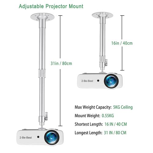 2-Be-Best Projector Mount Length 15-31in / 40-80cm Long Projector Ceiling Mount 360° Rotatable Ceiling Projectors Mounts Adjustable Bracket Silver