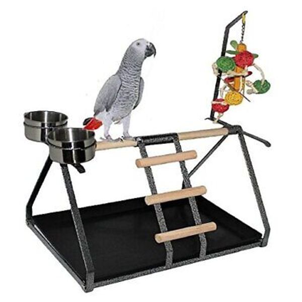 Parrot Bird Perch Table Top Stand Metal Wood 2 Steel Cups Play for Medium and