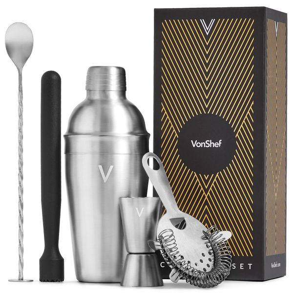 VonShef Cocktail Shaker Set, Silver 5pc Set with 550ml Manhattan Cocktail Shaker, Professional Bartender Set for Home Bar, Including Strainer, Muddler & Other Bar Accessories, Gift Box Included