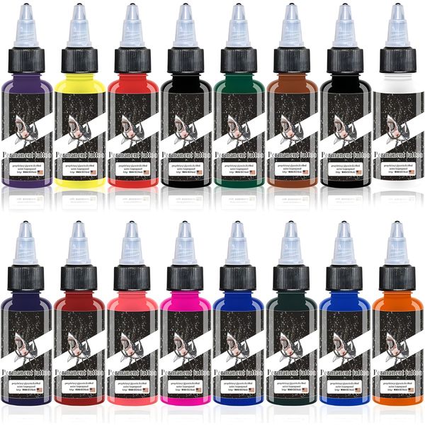 DLD 16 Bottles Body Tattoo Ink Set Professional Convenient Version Famous Tattoo Pigment Universal Full Colour Tattoo Ink Vegan Non-Toxic Skin Safe Permanent Tattoo Supplies (15ml per Bottle)