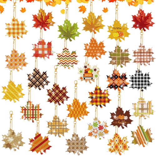 WILLBOND 30 Pcs Fall Diamond Art Keychains Double Sided DIY Maple Leaf Fall Diamond Painting Keychain Ornaments Kits for Adults Key Ring Art Pendant Thanksgiving Tree Decor
