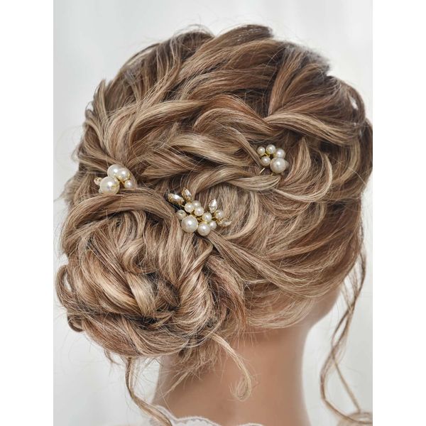 Heread Pearl Bride Wedding Hair Pins Crystal Bridal Headpiece Hair Accessories for Women and Girls （Pack of 3） (Gold)