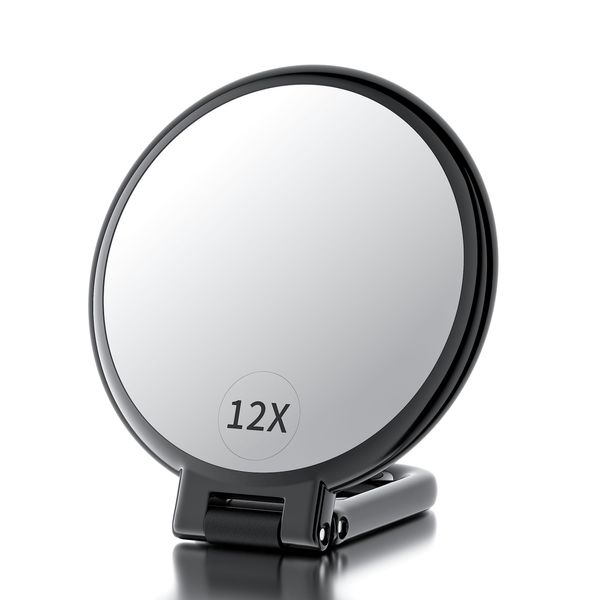 Beautifive Hand Mirror with Handle 12X/1X, Double Sided Magnifying Make up Mirror with Stand, Foldable Hand Held Compact Mirror for Makeup, Portable Travel Makeup Mirror for Women