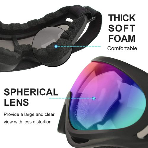 KUYT Pack of 2 Ski Snowboard Goggles, UV Protection Goggles, Motocross Goggles Helmet Compatible, Anti-Fog Ski Goggles, Sports Glasses for Skiing, Motorcycle, Bicycle