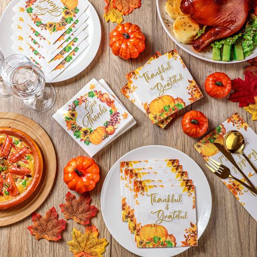 Hotop 200 Count Fall Napkins Thanksgiving Guest Decorative Paper Cocktail Beverage for Dinner Home Kitchen Bathroom (Pumpkin), 9.8 x inches,4.9 4.9 inches