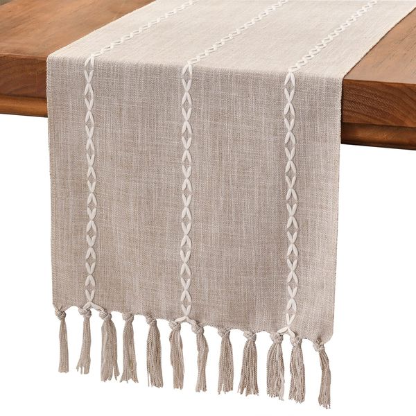 Wracra Cotton Linen Table Runner Farmhouse Style Coffee Table Runner 180cm with Hand-tassels for Party, Dining Room Decorations Dessert Table Decor(Light Coffee, 180cm)