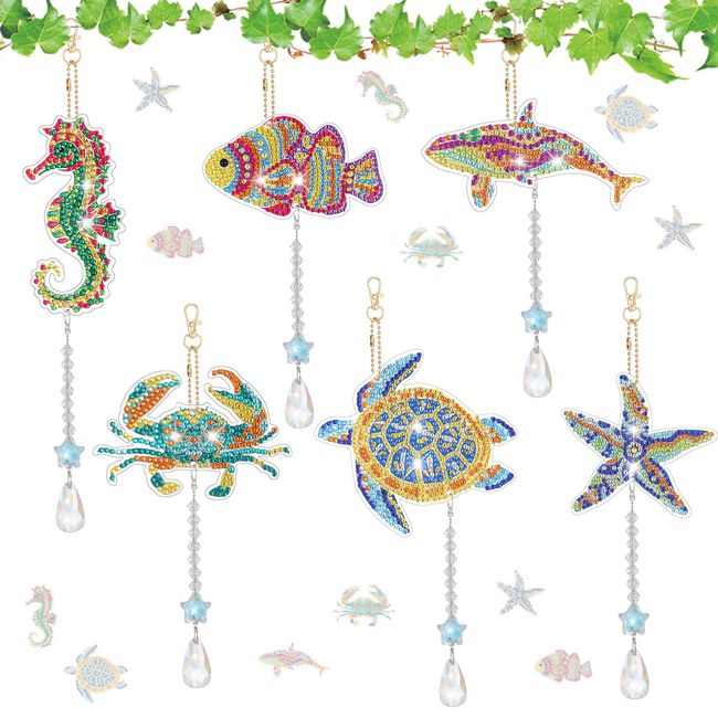 XLSXEXCL 6pcs Diamond Art Painting Wind Chimes, Art Suncatcher, Double Sided Ocean Animal Diamond Art Painting Kits with Crystal Pendant Hanging Ornament for Adults Kids Home Window D