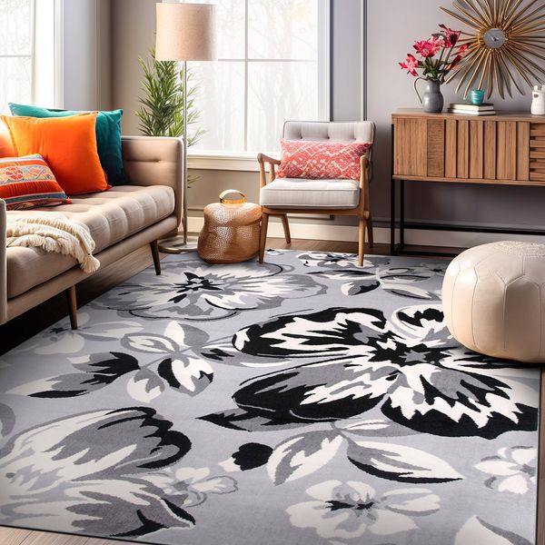 Rugshop Area Rug Modern Floral Design Room Carpet Polypropylene Rug Gray Rug 3x5