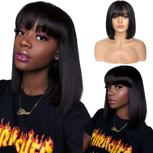 Short Bob Wigs with Bangs Brazilian Straight Human Hair Wigs 150% Density None Lace Front Wigs Glueless Machine Made Bob Wigs for Black Women Natural Color(14 Inch)