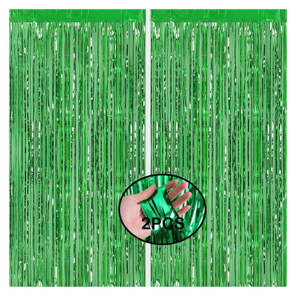 AMZJIMTOP Green Tinsel Foil Fringe Curtain Party Decorations 2Pcs 3.3ft *6.6ft Metallic Tinsel Curtains Streamers Party Backdrop Foil Curtain for Birthday Party Wedding Holiday Decoration