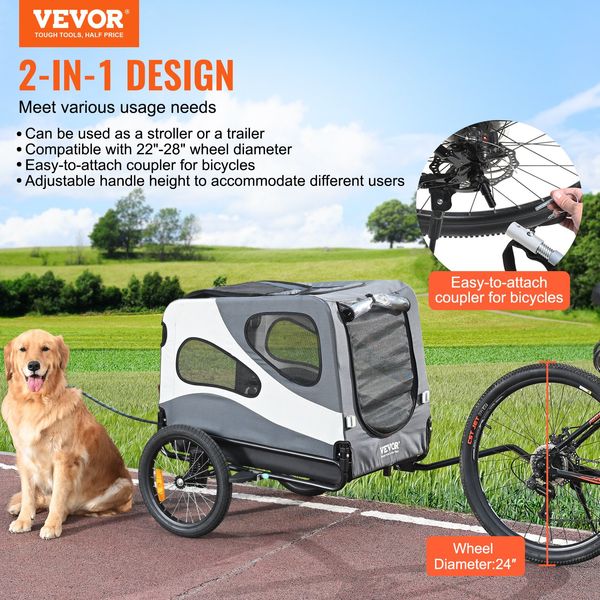 VEVOR Dog Bike Trailer, Supports up to 100 lbs, 2-in-1 Pet Stroller Cart Bicycle