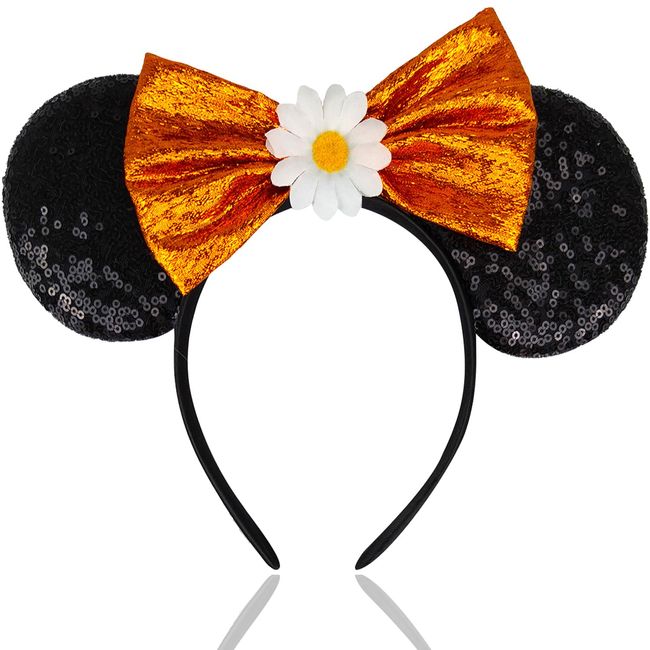 TEBWPIY Mouse Ears Headbands Sunflower Flower Hairband Shiny Orange Bows Headbands Princess Glitter Decoration Cosplay Costume for Girls Women Hair Decoration Accessories(Sunflower/Black)