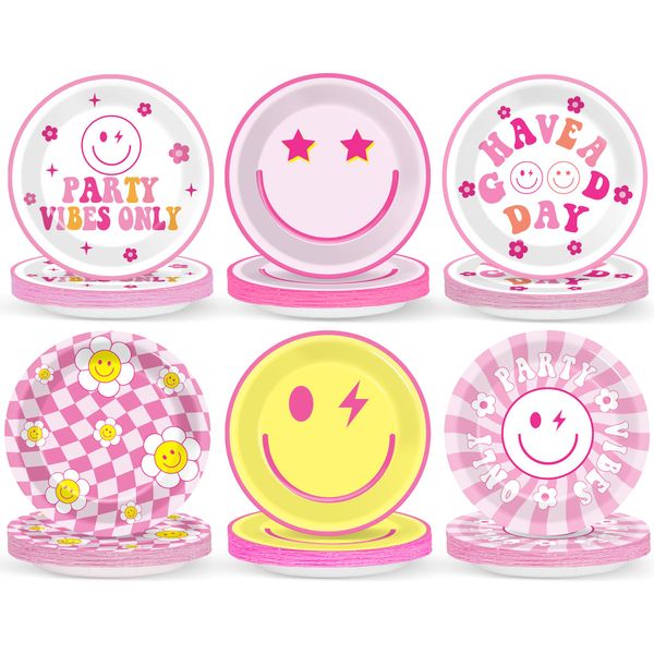 48PCS Preppy Party Supplies 7inch Pink Smile Face Paper Plates Preppy Smile Face Party Tableware Set Pink Preppy Plates for Baby Shower Birthday Y2k Party Decorations