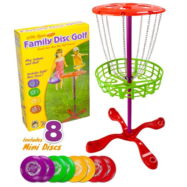 K-Roo Sports Little Flyers Family Disc Golf and Target Set | 8 Mini Discs and 25-inch Tall Basket | Kids Intro Disc Golf Toy Set | Portable Indoor/Outdoor Yard Games