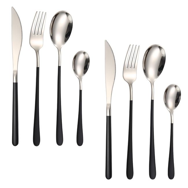 Cutlery Set, Knife, Fork and Spoon Set, 8 Pieces, 2 Persons, 18-8 Stainless Steel, Seamless One-Piece, Long Handle, Everyday Use, Dishwasher Safe (Silver/Black)