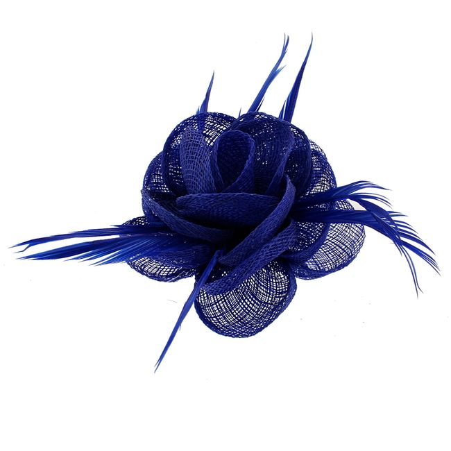 Zac's Alter Ego Royal Blue Rose Net Fascinator with Feathers on Clip & Brooch Pin