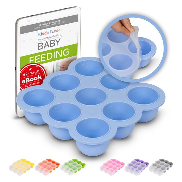 KIDDO FEEDO Weaning Freezer Tray with Clip-on Lid, Store Baby Food and Purees - Free Baby Feeding E-Book by Award-Winning Author/Dietician - Blue