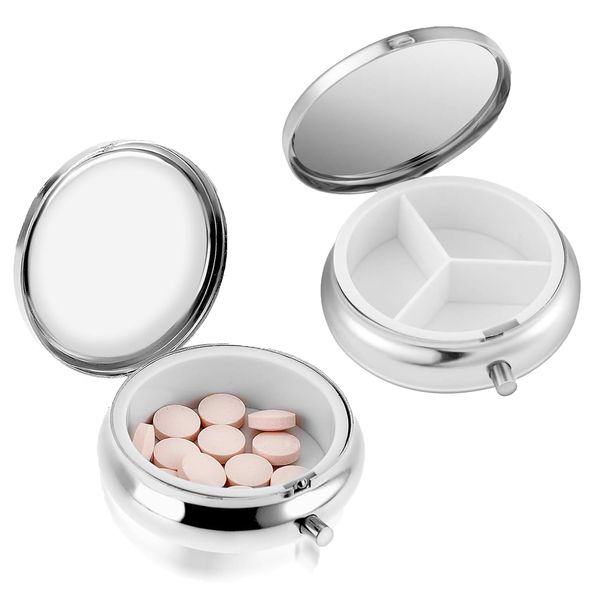 2 PCS Portable Pill Case, Travel Multifunctional Round Moisture Proof Pill Box for Purse & Pocket, 3 Compartment Cute Metal Small Silver Pill Organizer Boxes for Vitamins Fish Oil Supplements