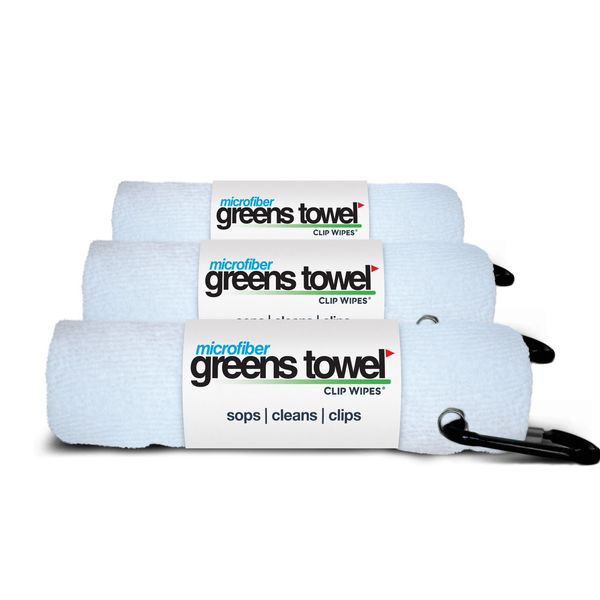 Greens Towel White 3 Pack Golf Towel Set for Golf Bags with Clip, Plush Microfiber Nap Fabric, 16x16, The Original (Pure White)