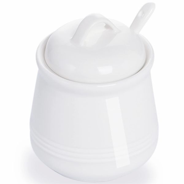 HAOTOP Porcelain Sugar Bowl, Ceramic Salt Bowl with Spoon and Lid for Home and Kitchen, 12 Ounces (White)