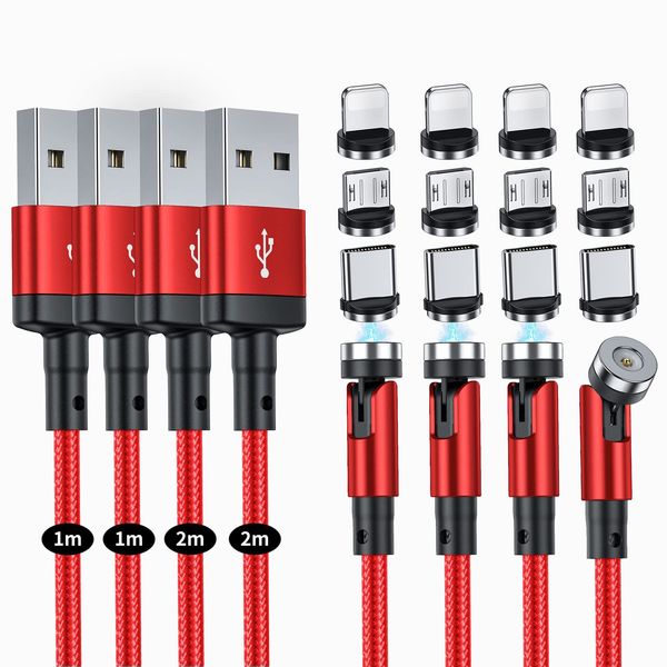 SUNTAIHO Magnetic Charging Cable, 3-in-1 USB Magnetic Cable, 4 Pieces (1M+1M+2M+2M), 360° + 180° Rotation, Magnetic, Dustproof, Removable, Lightnig, Micro USB Type-C Connector, Rapid Charger, Android