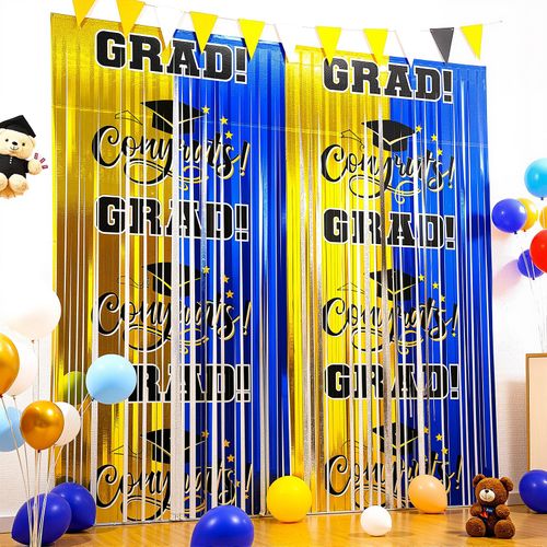 Tingjoo 2 Pack Blue and Gold Graduation Decorations 2025 Graduation Backdrops 3.3 x 6.6 ft Foil Fringe Curtains Tinsel Backdrops for Senior High School College University Party