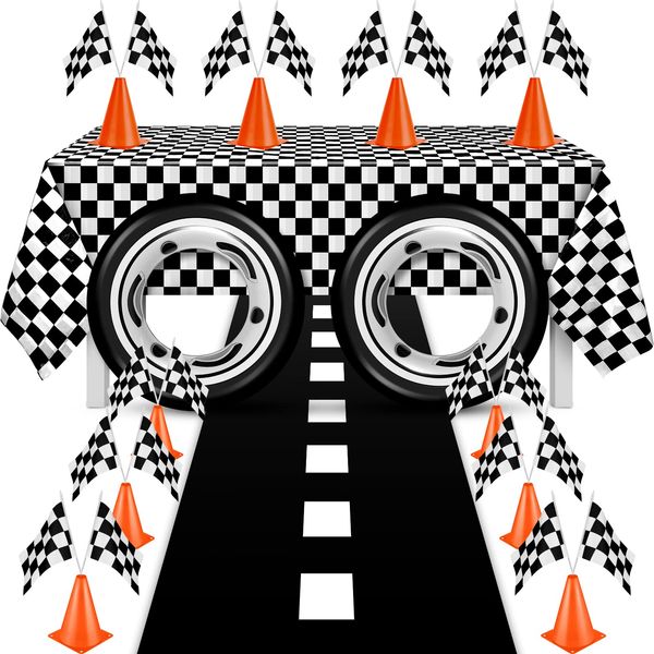 Remagr 24 Pieces Race Car Party Supplies Include Traffic Cones Checkered Flag Race Flags Checkered Tablecloth Race Track Running Mat and Tire Tube Swimming Ring for Car Themed Birthday (Classic Style)