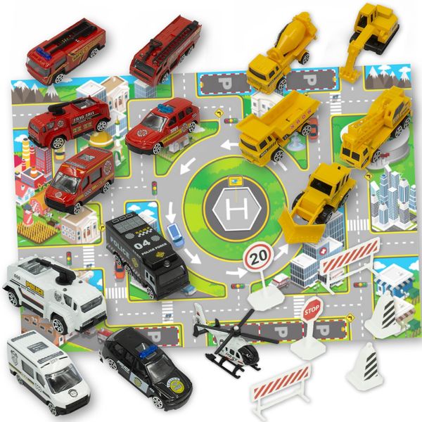 OTONOPI Fire Truck Toy Police Car Construction Vehicle Toy Set Helicopter Emergency Rescue Vehicles Kids Toy Cars Playset Diecast Metal Toy Car Set Playmat & Road Signs Pack of 22PCS