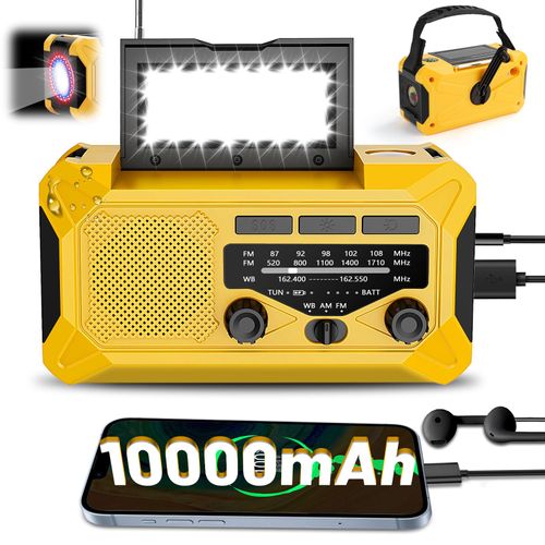10000mAh Emergency Hand Crank Radio with LED Flashlight, AM/FM NOAA Portable Weather Alert Radio, Solar Powered Radio with Phone Charger, USB Charged, Headphone Jack, SOS Alarm, Compass (Yellow)