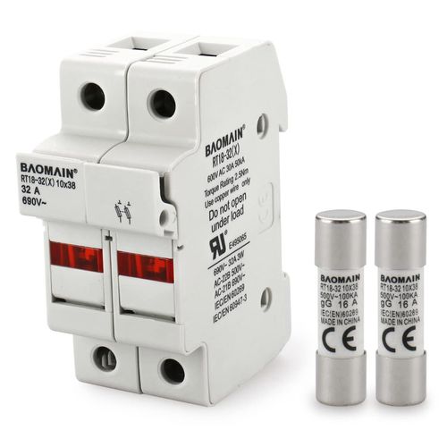 Baomain Cylindrical Fuse Holder RT18-32(X) 10mm X 38mm Fuse Base 2 Poles DIN Rail Mount with 10 PCS of RO15 Fuse (16 Amp) CE Listed