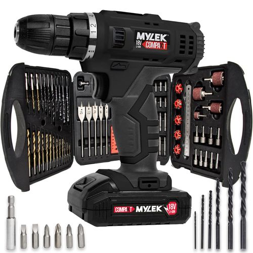 MYLEK 18V Cordless Drill Electric Driver Set, Lithium Ion Battery, 18 Volt Combi Screwdriver Pack, Black, 131 DIY Piece Accessory Kit and Carry Case