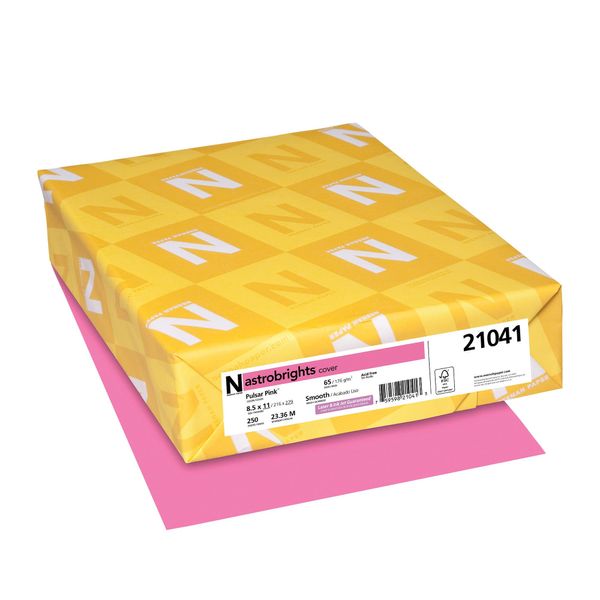 Astrobrights® Colored Card Stock, Bright Color Cover Paper, 8 1/2" x 11", FSC® Certified, 65 Lb, Pulsar Pink™, Pack of 250 Sheets