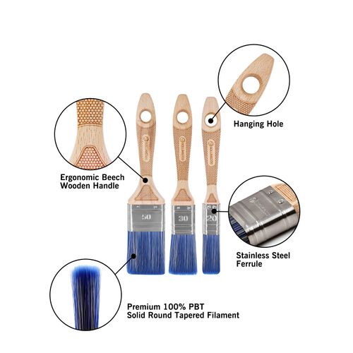 ROLLINGDOG Paint Brush Set 3PCS with Wood Handle Flat Brushes for Wall, Ceiling, Edges Painting(20mm,30mm,50mm, Blue)