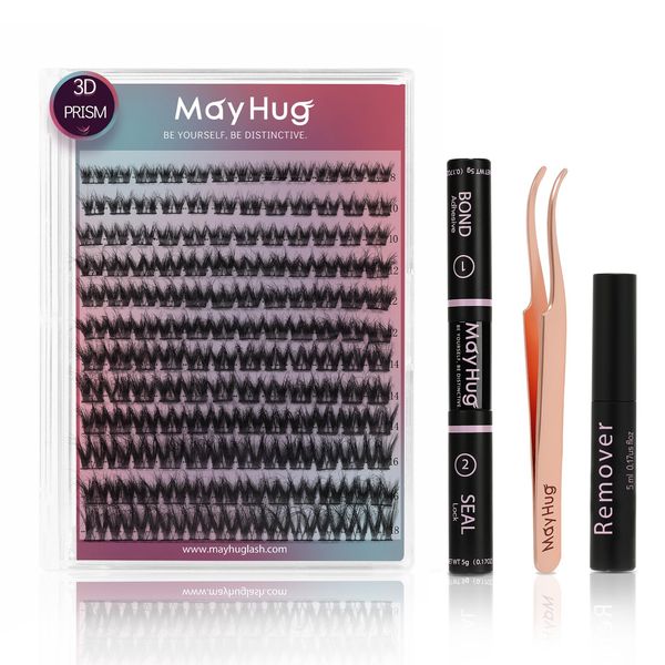 Mayhug Lash Extension Kit 144 Pcs, 3D Lash Clusters 8-18/D Curl Wispy Lash Clusters with 10ml Bond and Seal Waterproof, 5ml Lash Remover, Lash Tweezers Eyelash Extensions Kit at Home (Prism Kit)