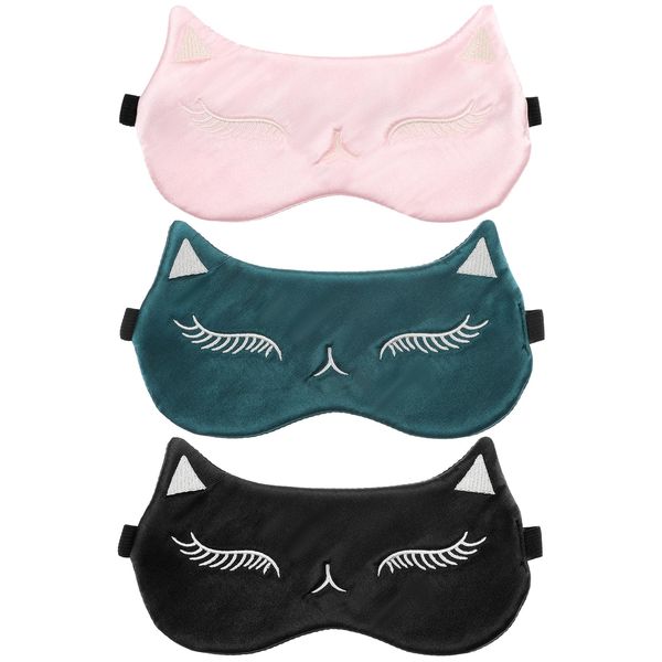 3 Pcs Cute Eye Mask for Sleeping Cat Silk Eye Mask Women Soft Satin Eye Mask Cover Blackout Blindfold with Elastic Strap Travel Eye Mask (3 Colors)