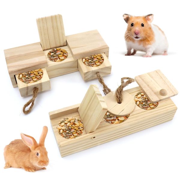 ULoomee Wodden Rabbit Toys, Interactive Guinea Pig Enrichment Toys, Bunny Snuffle Puzzle Game, Sniff n' Snack Rabbit Treats，Chew Toys for Small Animals，Hamster，Chinchilla(2 Sets)